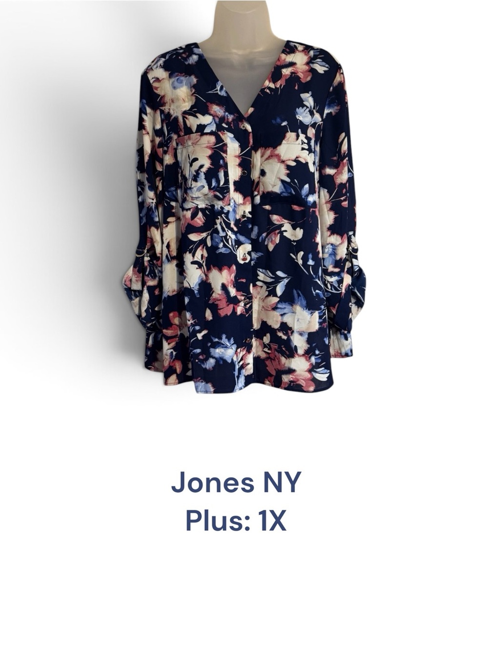 Jones New York Navy Floral Button Front Blouse 3/4 Sleeves  PLUS: 1X   BIN #L